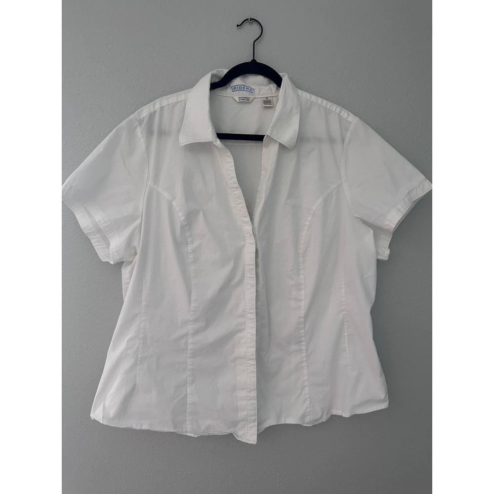 Riders by Lee Womens 2X White Short Sleeve Button Down Shirt Instantly Slims You